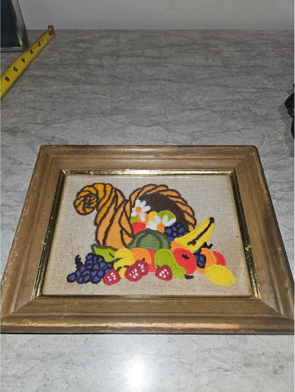 Vintage Crewel embroidery framed cornucopia
